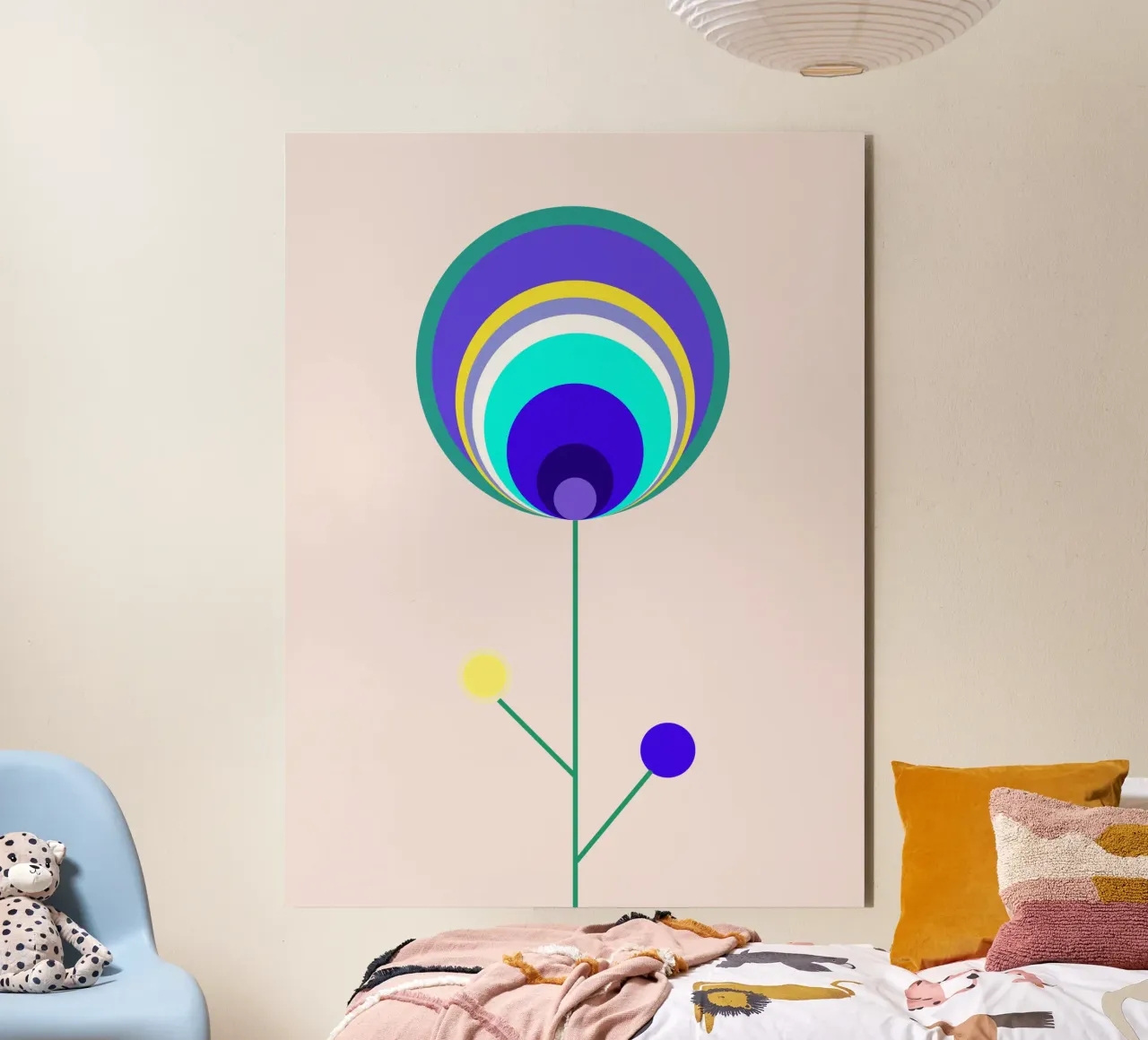 Fiore astratto con piume di pavone, fiore lecca-lecca, geometrico alluminio dibond da Lilou Art