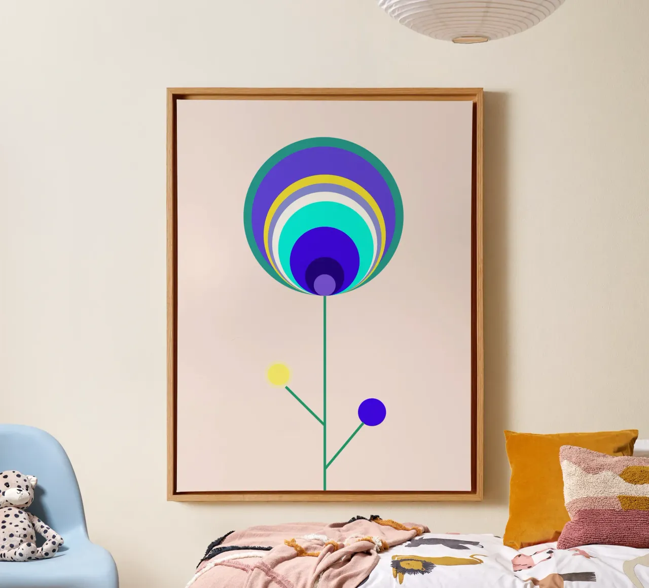 Fiore astratto con piume di pavone, fiore lecca-lecca, geometrico tela con Cornice a cassetta da Lilou Art