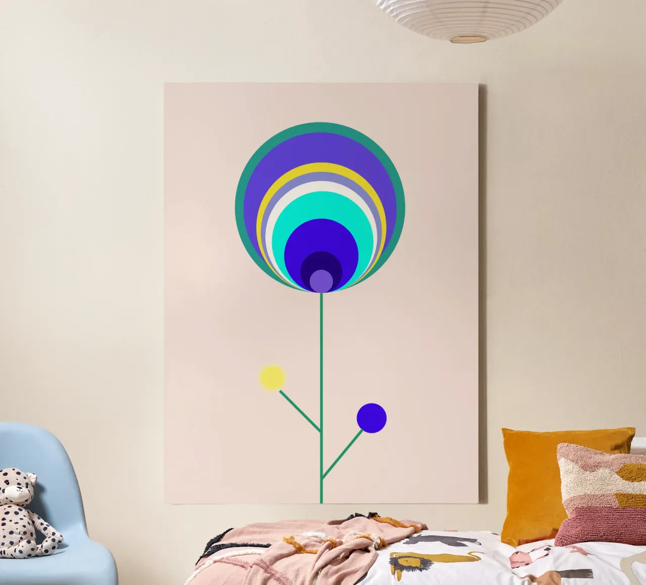 Fiore astratto con piume di pavone, fiore lecca-lecca, geometrico tela con Cornice a cassetta da Lilou Art