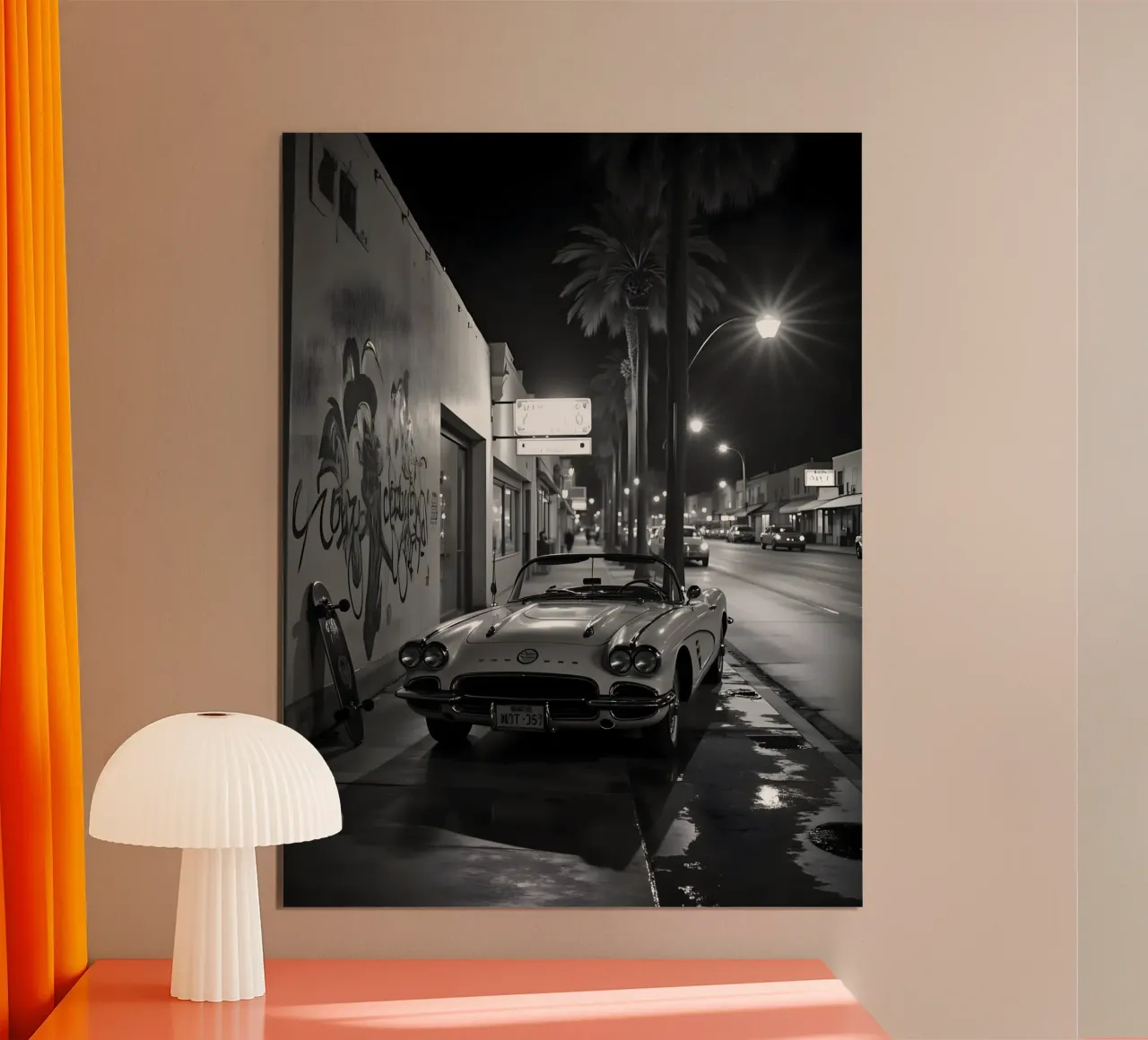 Sunset Drive with Vintage Car in Southern California poster con telaio in alluminio da heaventrain
