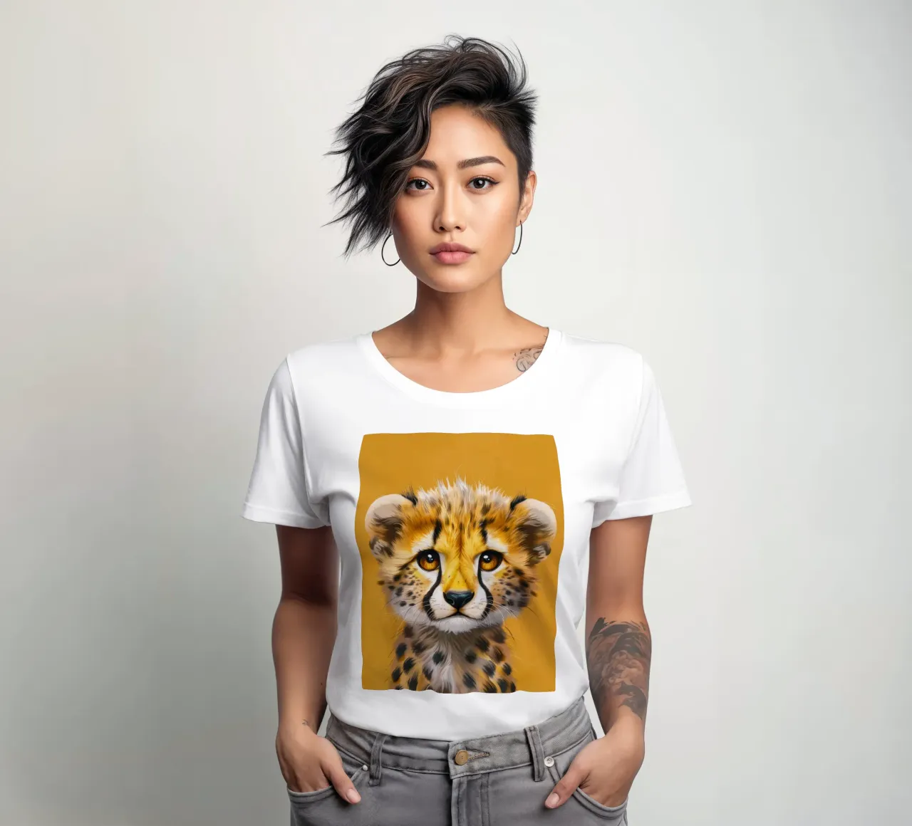 cheetah cub, with big eyes and a soft, playful expression women's fitted t-shirt by DesignDoodle
