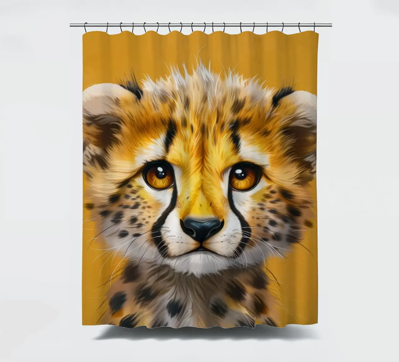 cheetah cub, with big eyes and a soft, playful expression shower curtain by DesignDoodle