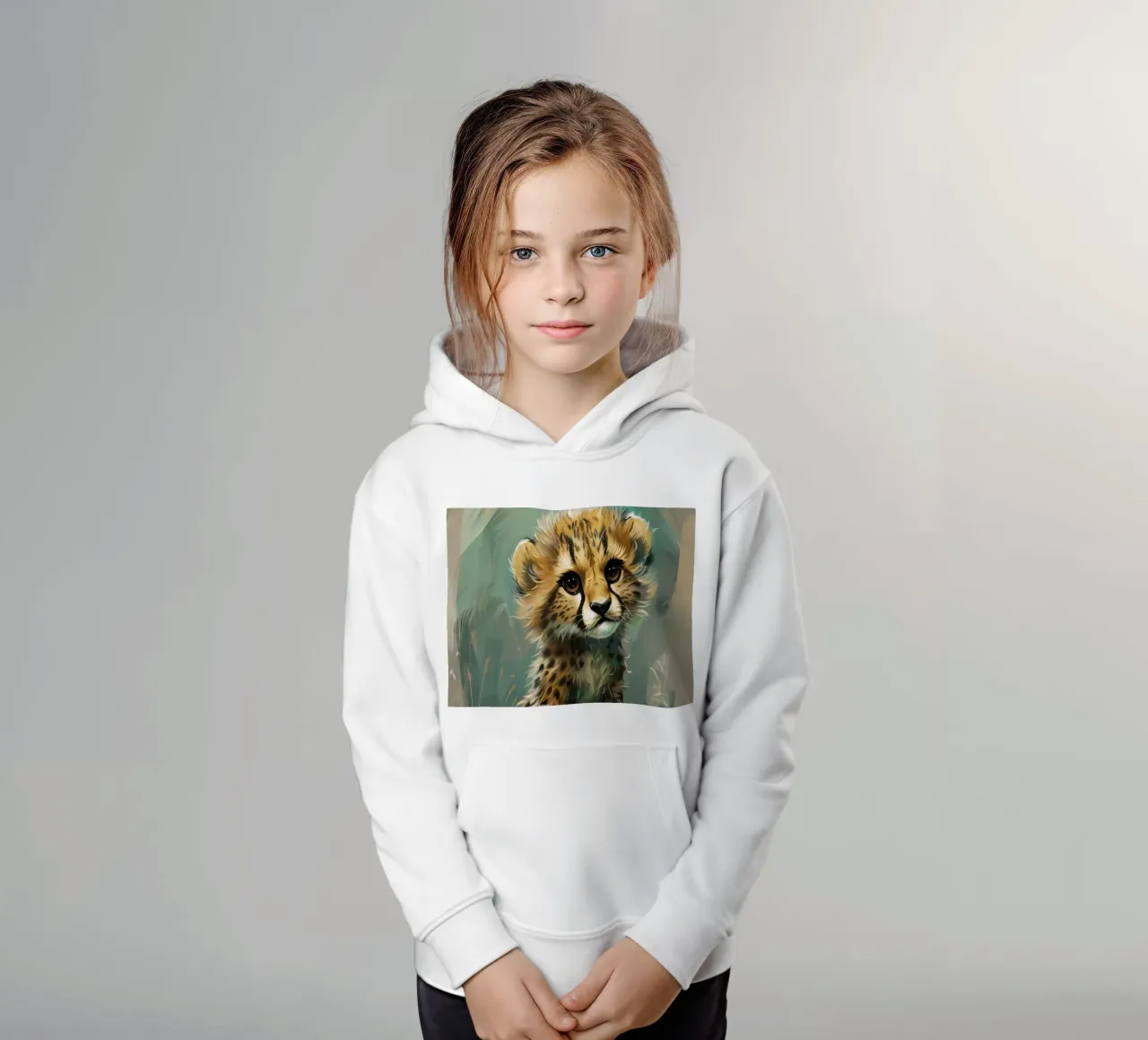 cheetah cub, evoking youthful charm kids hoodie by DesignDoodle