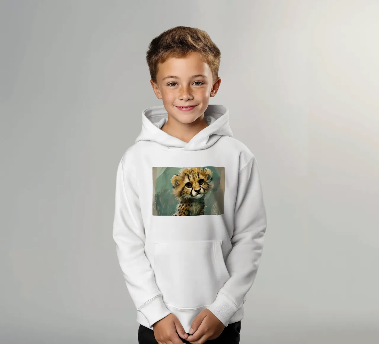 cheetah cub, evoking youthful charm kids hoodie by DesignDoodle