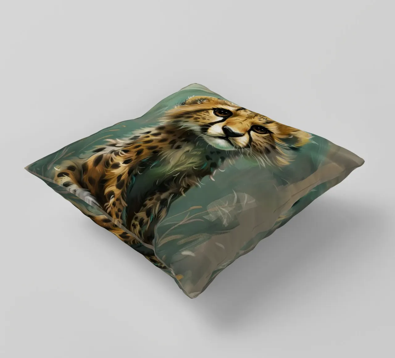 cheetah cub, evoking youthful charm decorative cushion by DesignDoodle