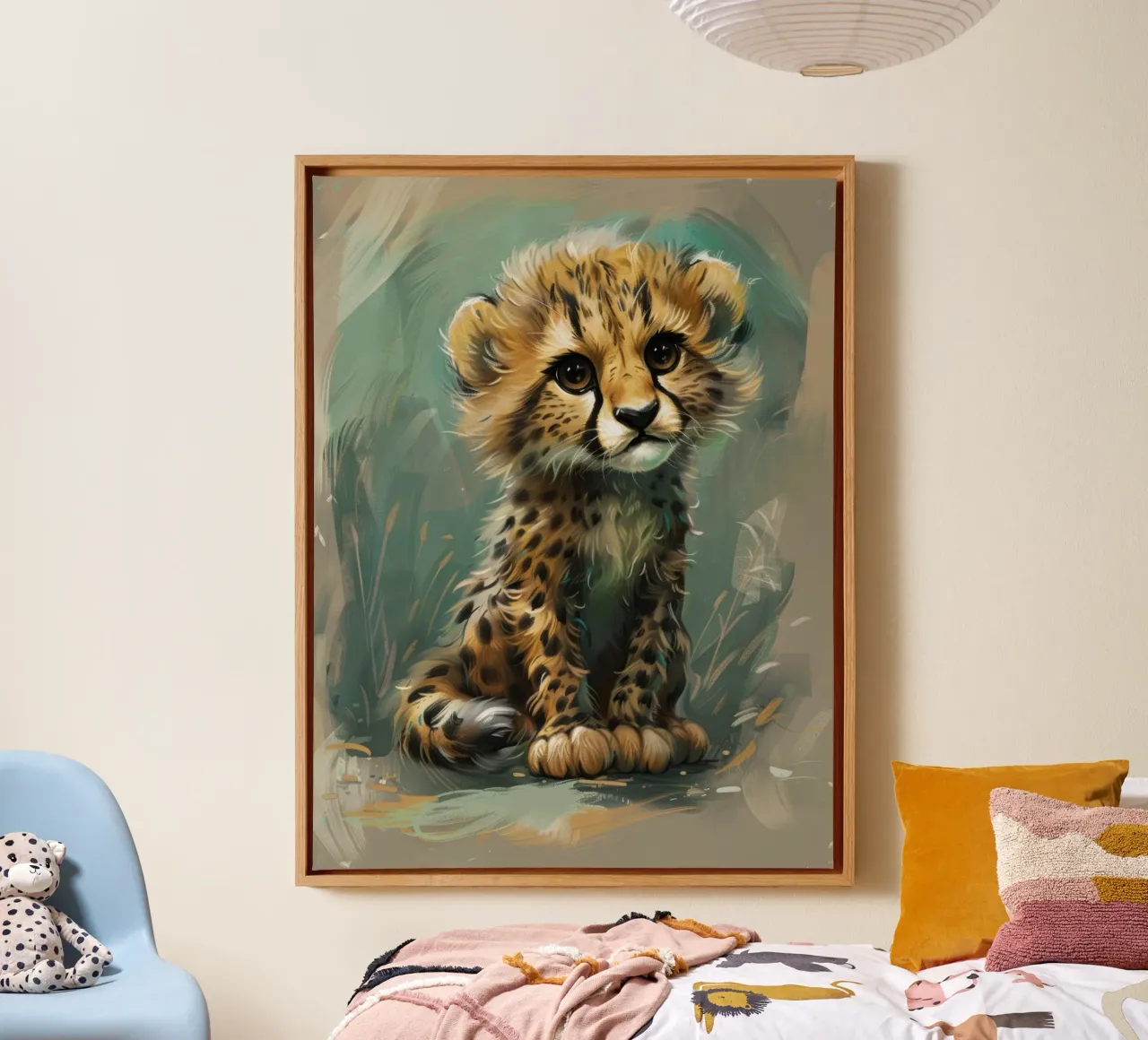 Gepardenjunges, das jugendlichen Charme versprüht Leinwand mit Schattenfugenrahmen von DesignDoodle