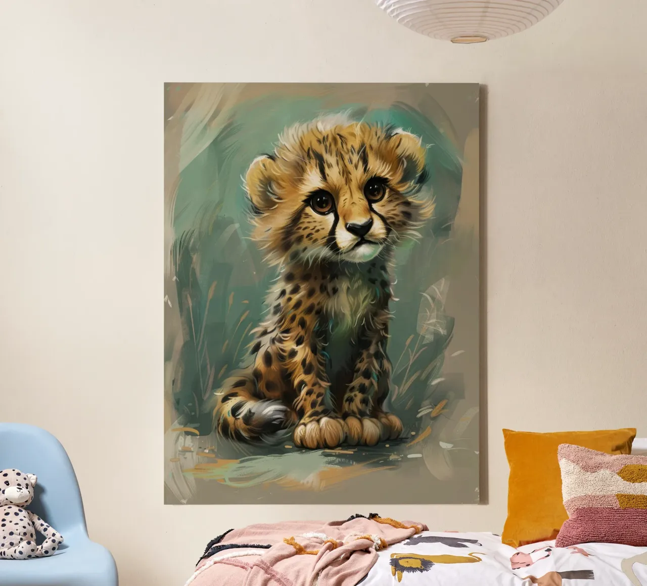 Gepardenjunges, das jugendlichen Charme versprüht Leinwand mit Schattenfugenrahmen von DesignDoodle