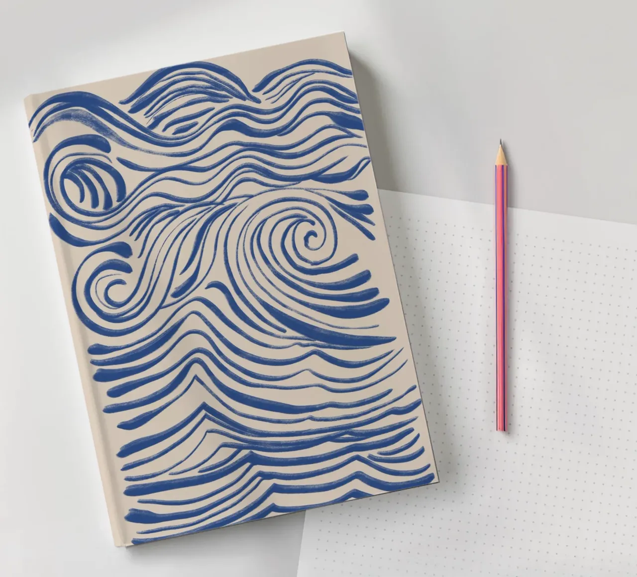 Abstract Blue Wavy Lines on Beige notebook by Melloi Art Print