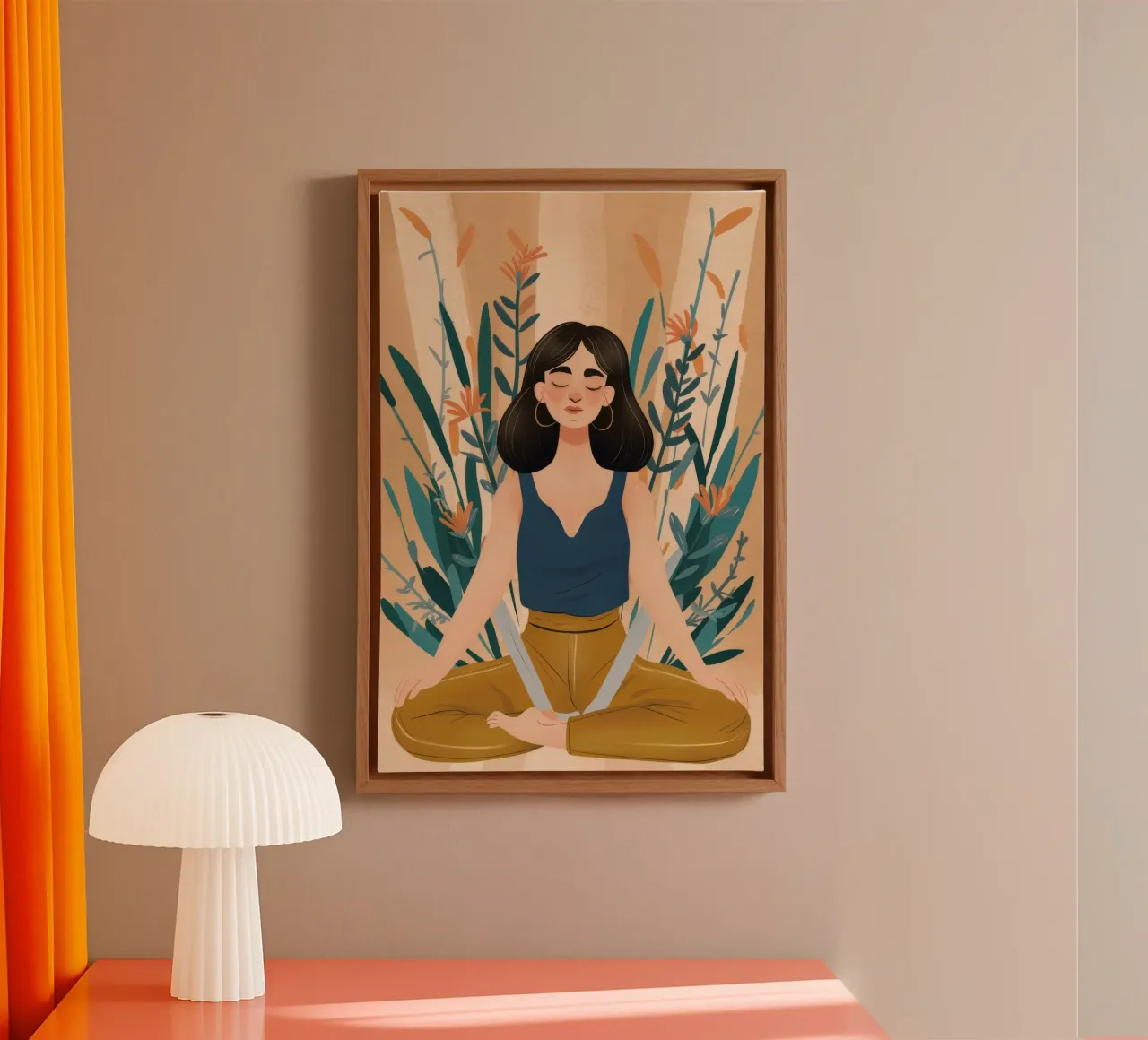 Lotus Pose Calm canvas with Floater frame by Peak Delusion