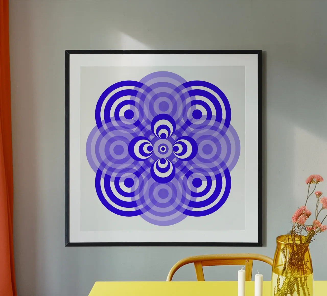 Fiore geometrico, mandala, astratto, blu e bianco poster con telaio in legno da Lilou Art