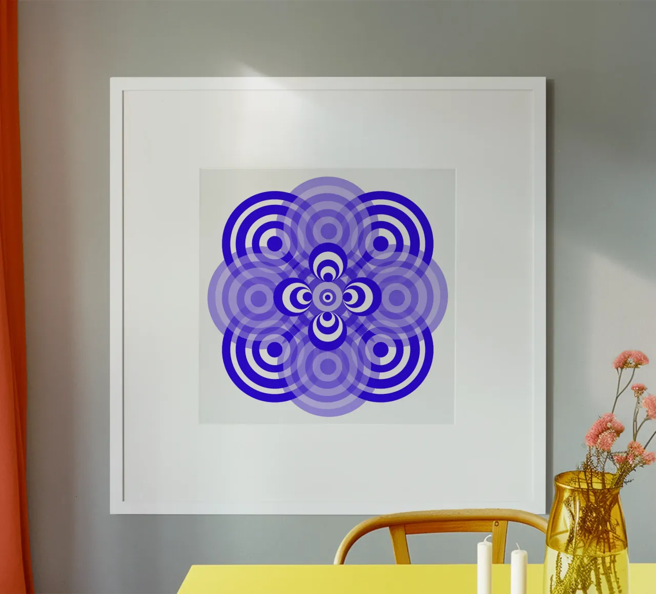 Fiore geometrico, mandala, astratto, blu e bianco poster con telaio in legno da Lilou Art
