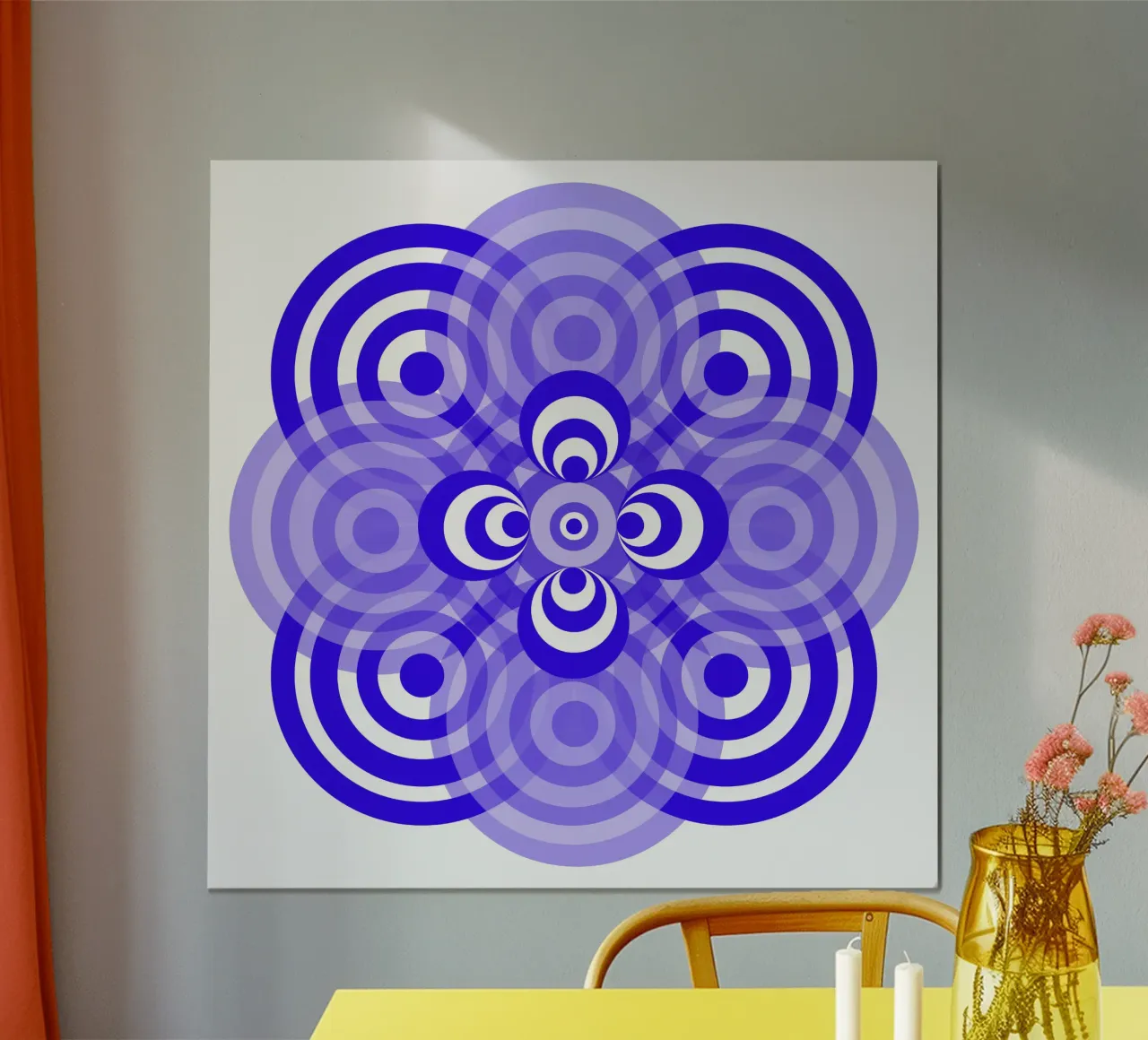 Fiore geometrico, mandala, astratto, blu e bianco poster con telaio in legno da Lilou Art