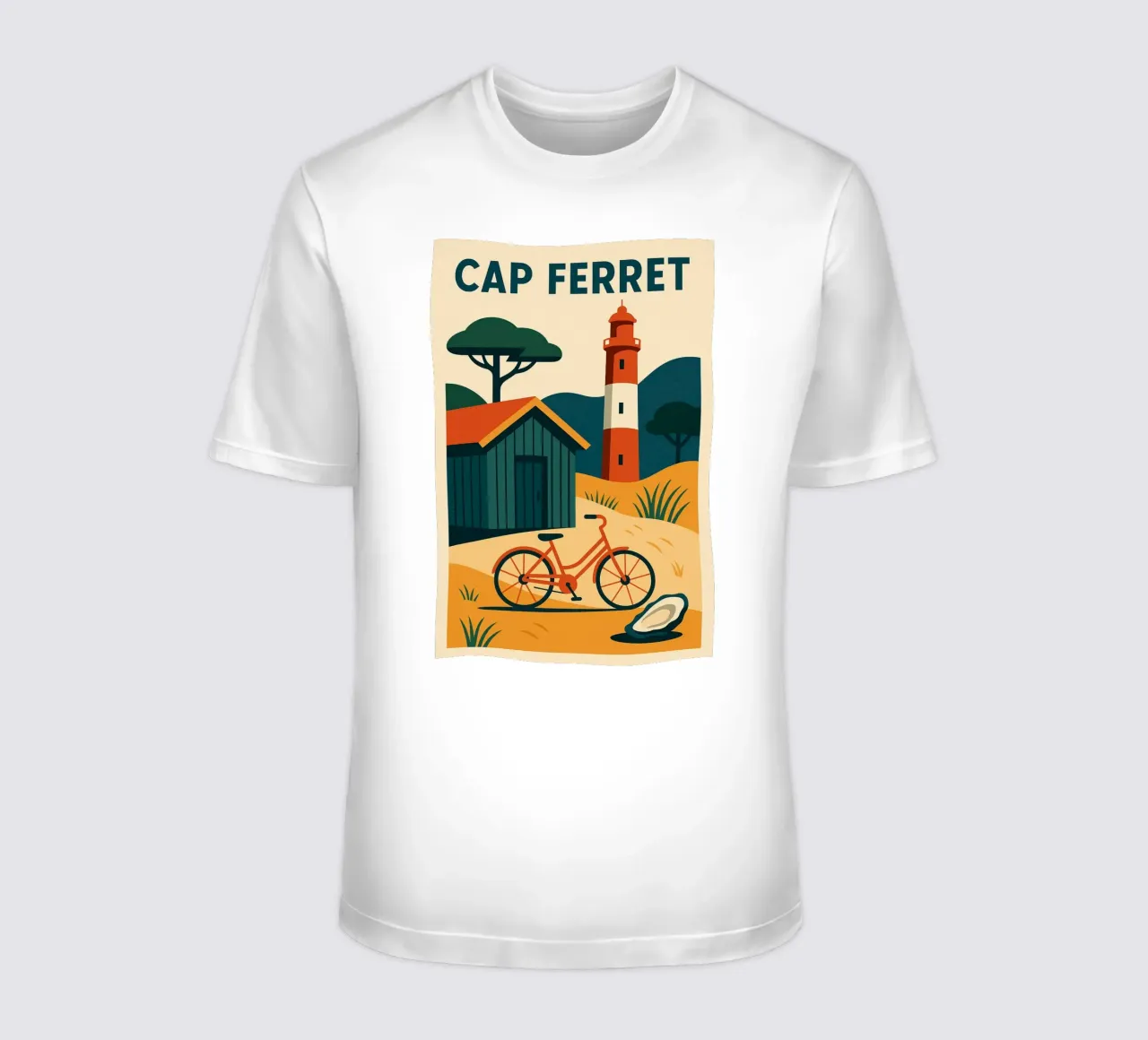 Cap Ferret - Un momento di pace tra faro, bicicletta e ostriche t-shirt da JETLAG | affiches voyage