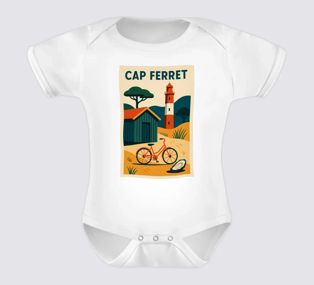 Cap Ferret - Un momento di pace tra faro, bicicletta e ostriche body neonato maniche corte da JETLAG | affiches voyage
