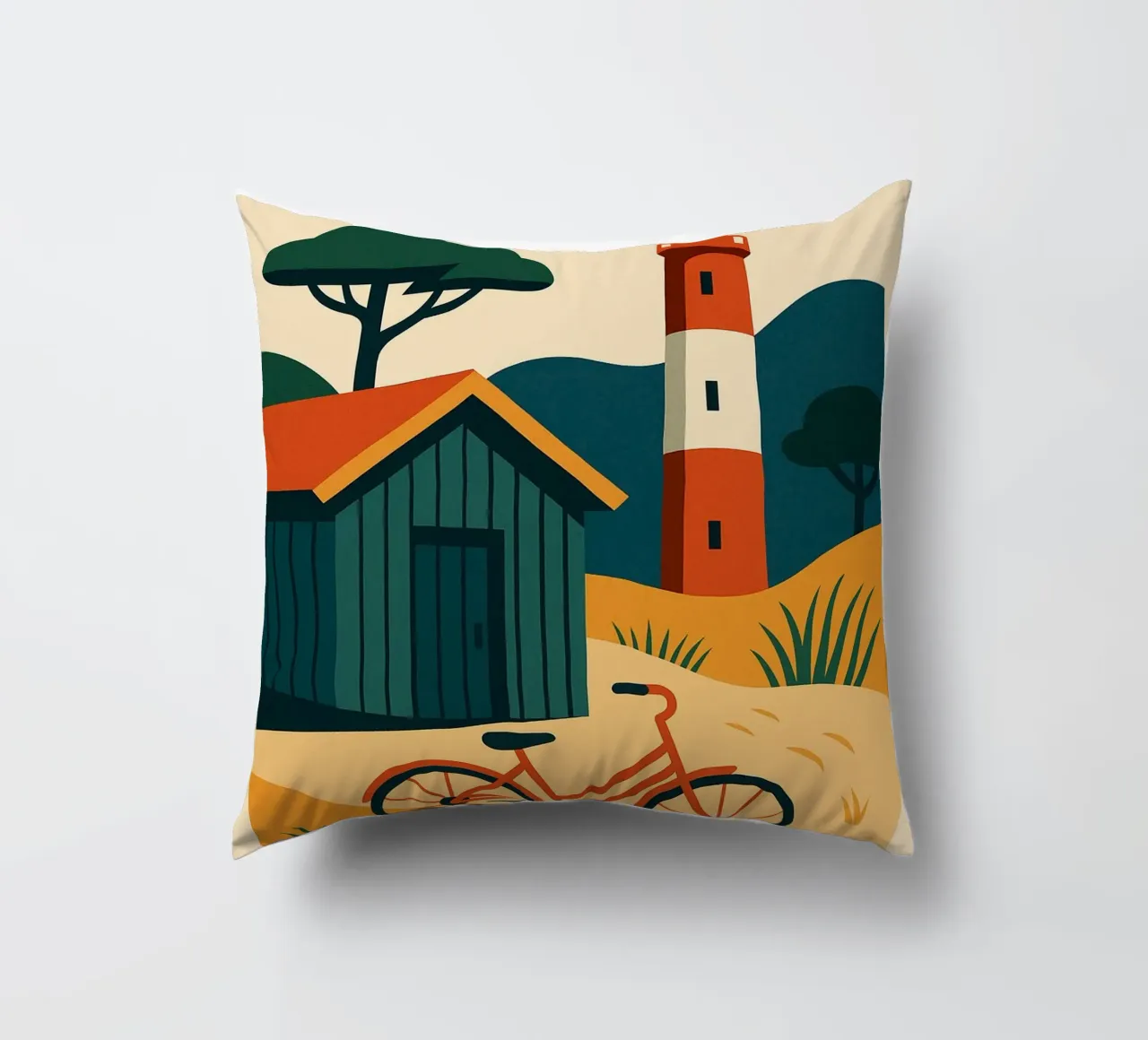 Cap Ferret - Un momento di pace tra faro, bicicletta e ostriche cuscino da JETLAG | affiches voyage