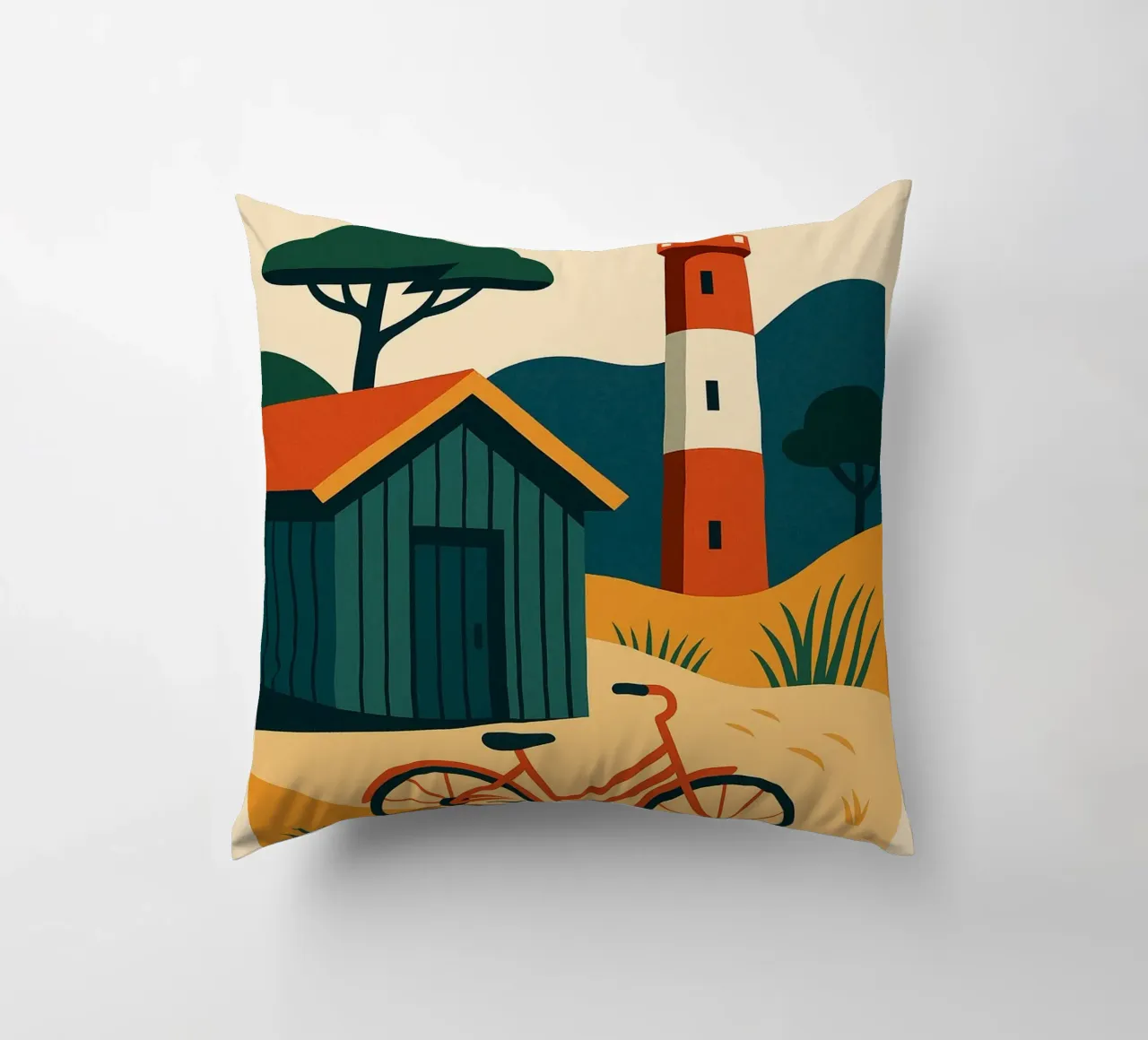 Cap Ferret - Un momento di pace tra faro, bicicletta e ostriche cuscino da JETLAG | affiches voyage