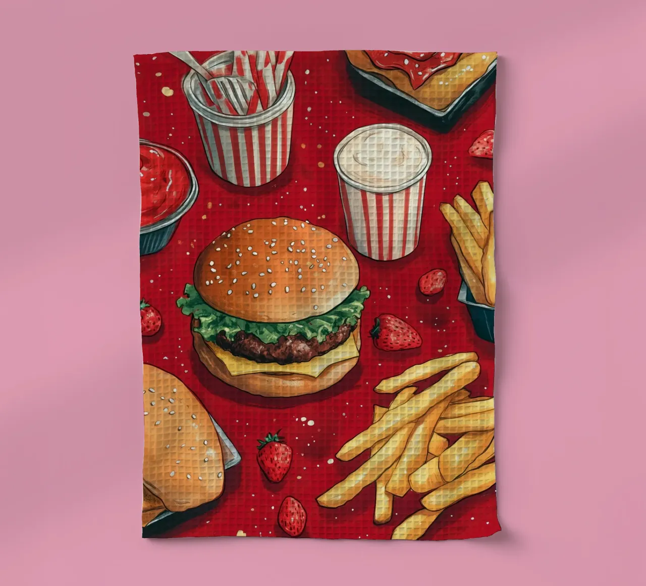 Burger and fries tea towel by Justyna Jaszke JBJart