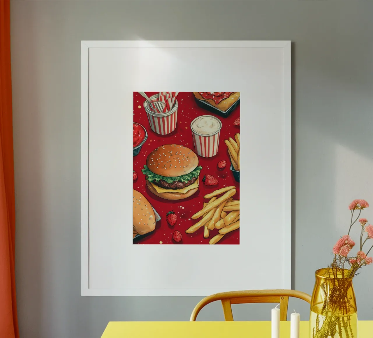 Hamburger e patatine poster con telaio in alluminio da Justyna Jaszke JBJart