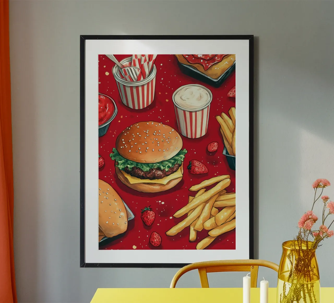 Hamburger e patatine poster con telaio in alluminio da Justyna Jaszke JBJart