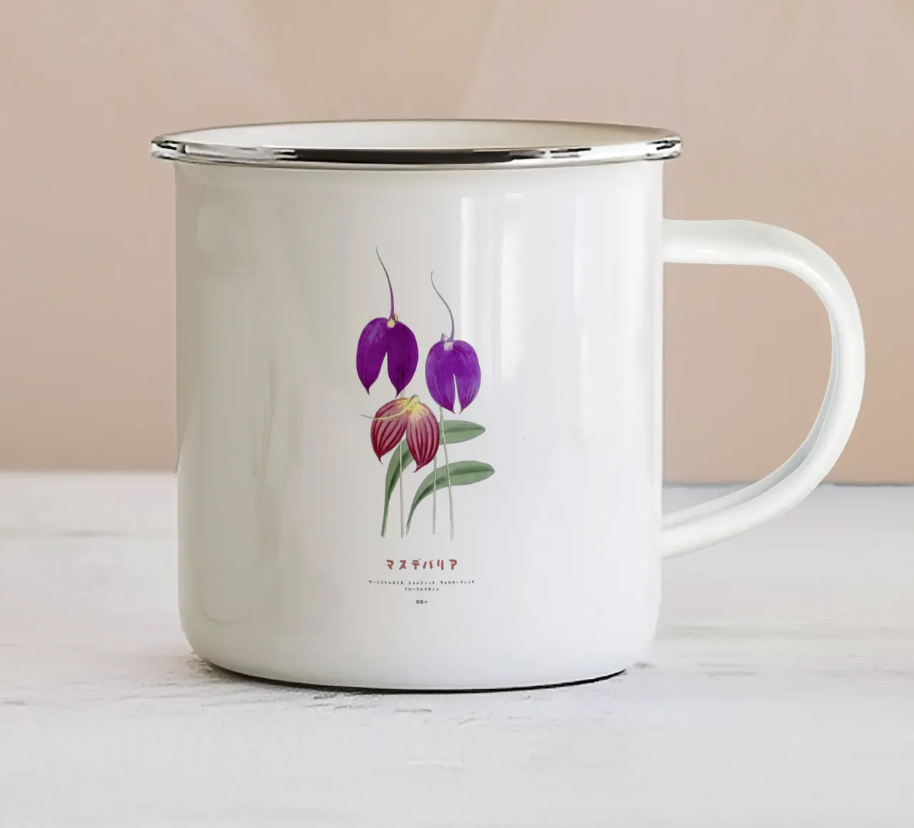 Fiori di Masdevallia d'epoca tazza in smalto da Vintagrafica
