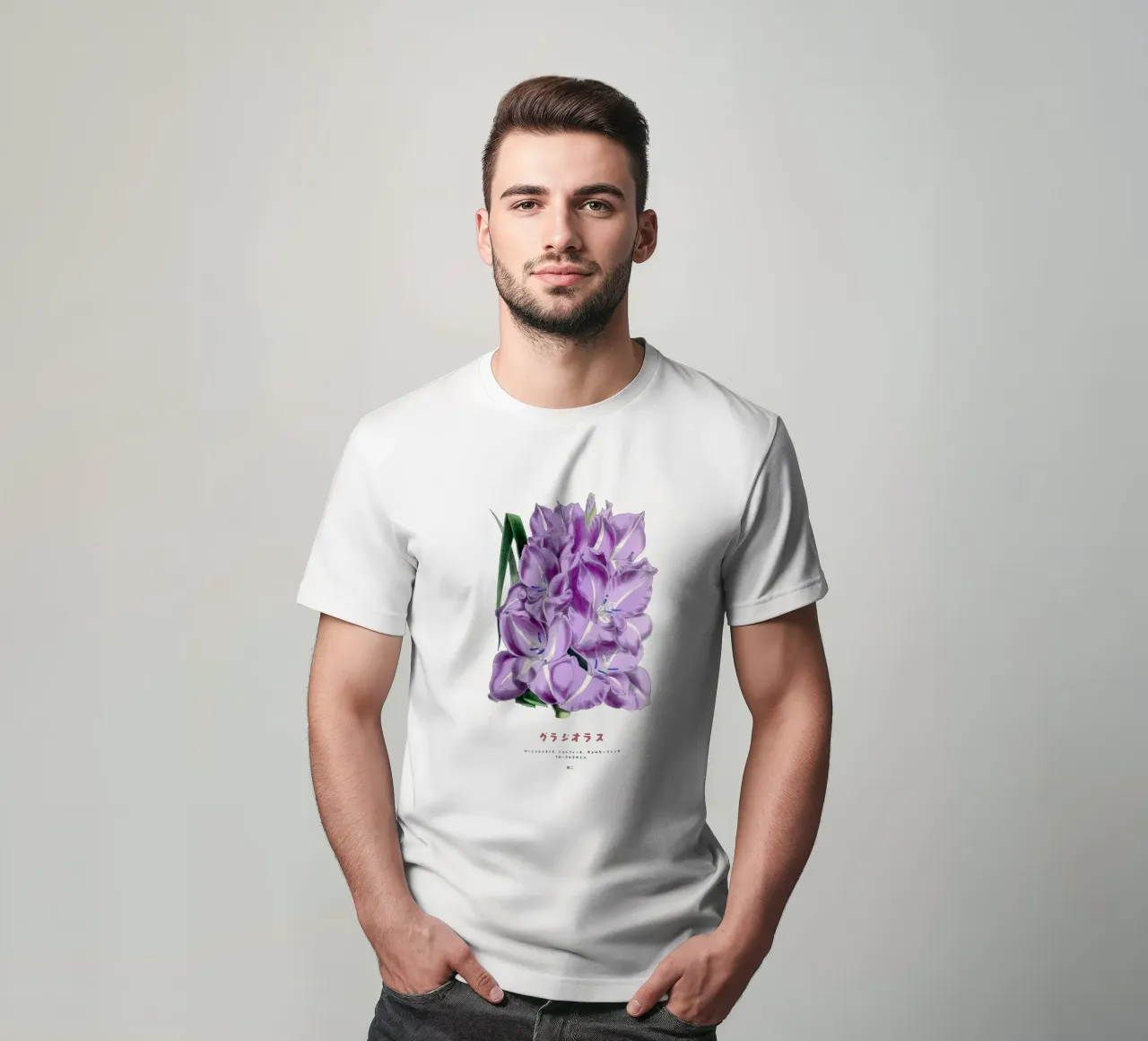 Grafico botanico giapponese del gladiolo t-shirt da Vintagrafica