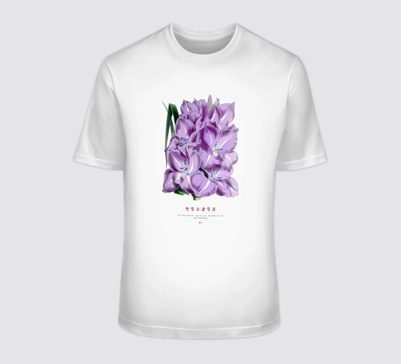 Grafico botanico giapponese del gladiolo t-shirt da Vintagrafica