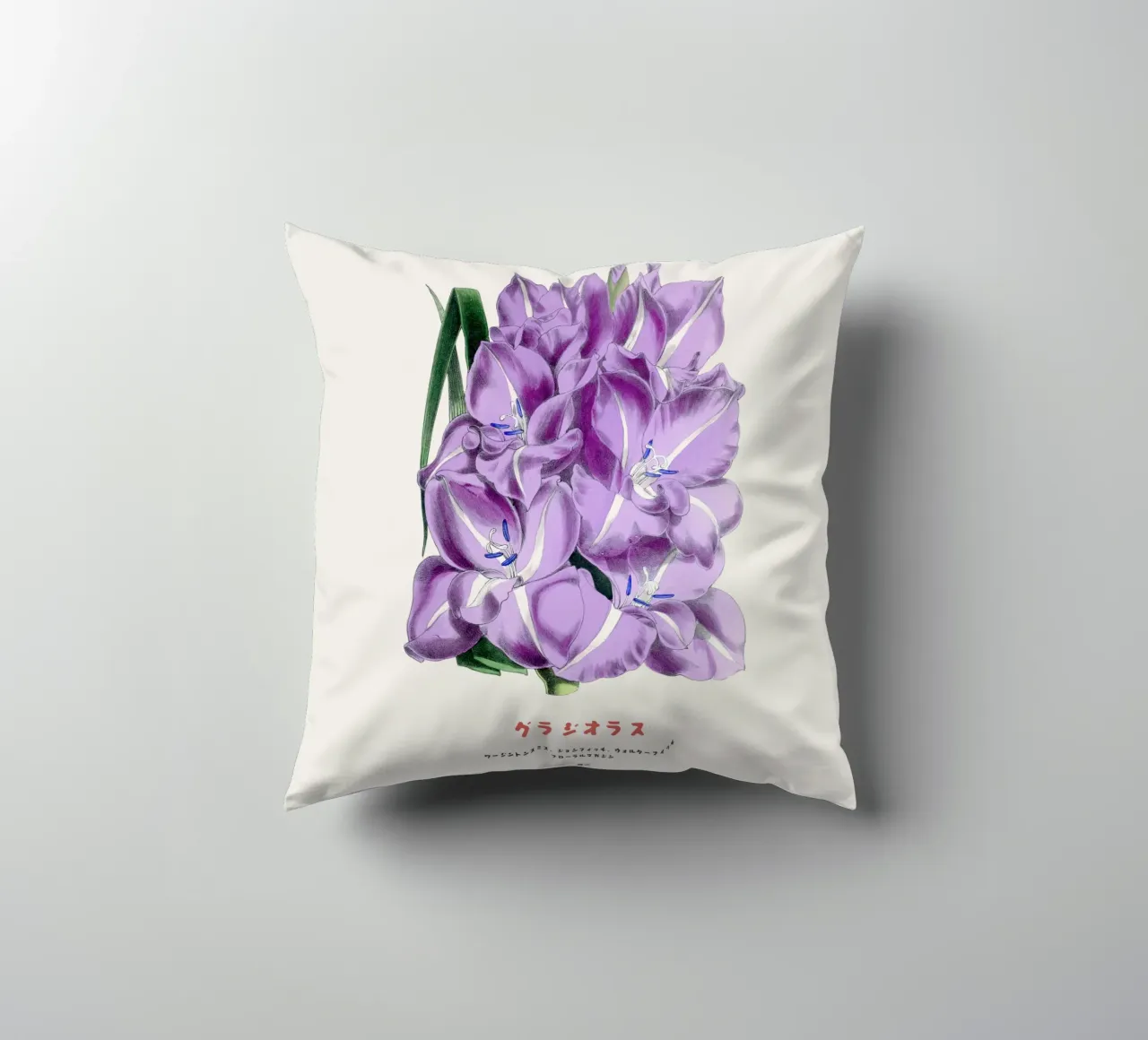 Gladiolus Japanese Botanical Chart decorative cushion by Vintagrafica