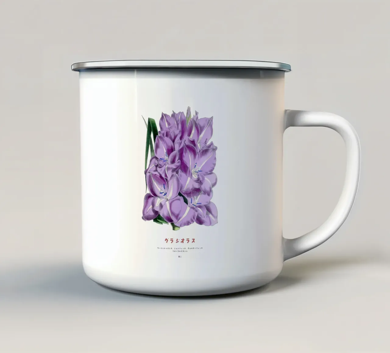 Grafico botanico giapponese del gladiolo tazza in smalto da Vintagrafica