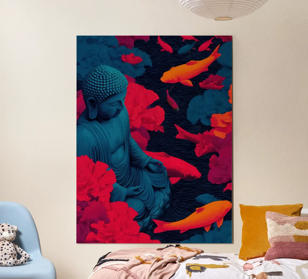 Buddha vicino allo stagno di koi | Pop art spirituale poster da Autofocus