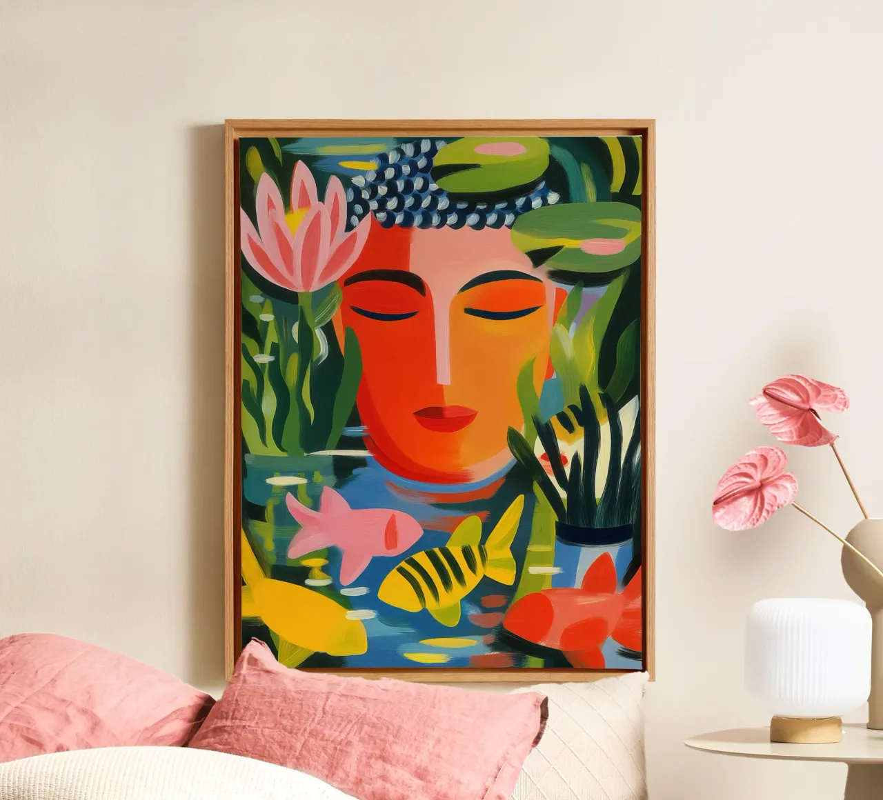 Buddha e il pesce | Il buddismo zen in veste fauve tela con Cornice a cassetta da Autofocus