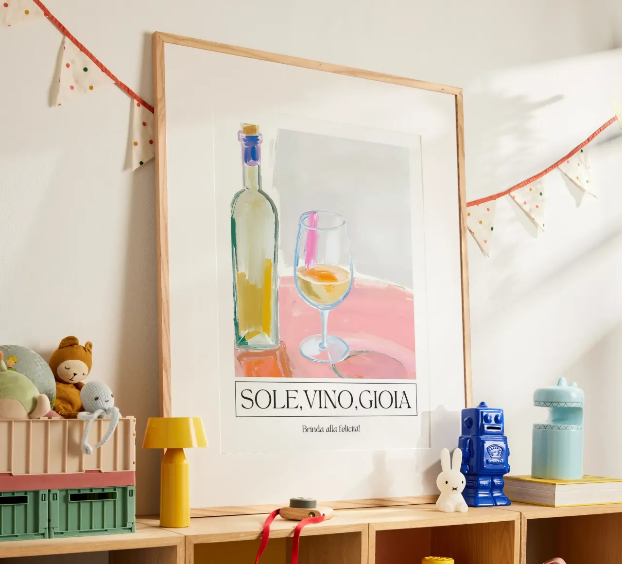 Sole, Vino, Gioia - To happiness! poster con telaio in legno da leslie shop