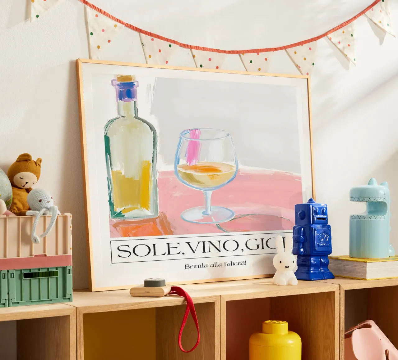 Sole, Vino, Gioia - To happiness! poster con telaio in legno da leslie shop