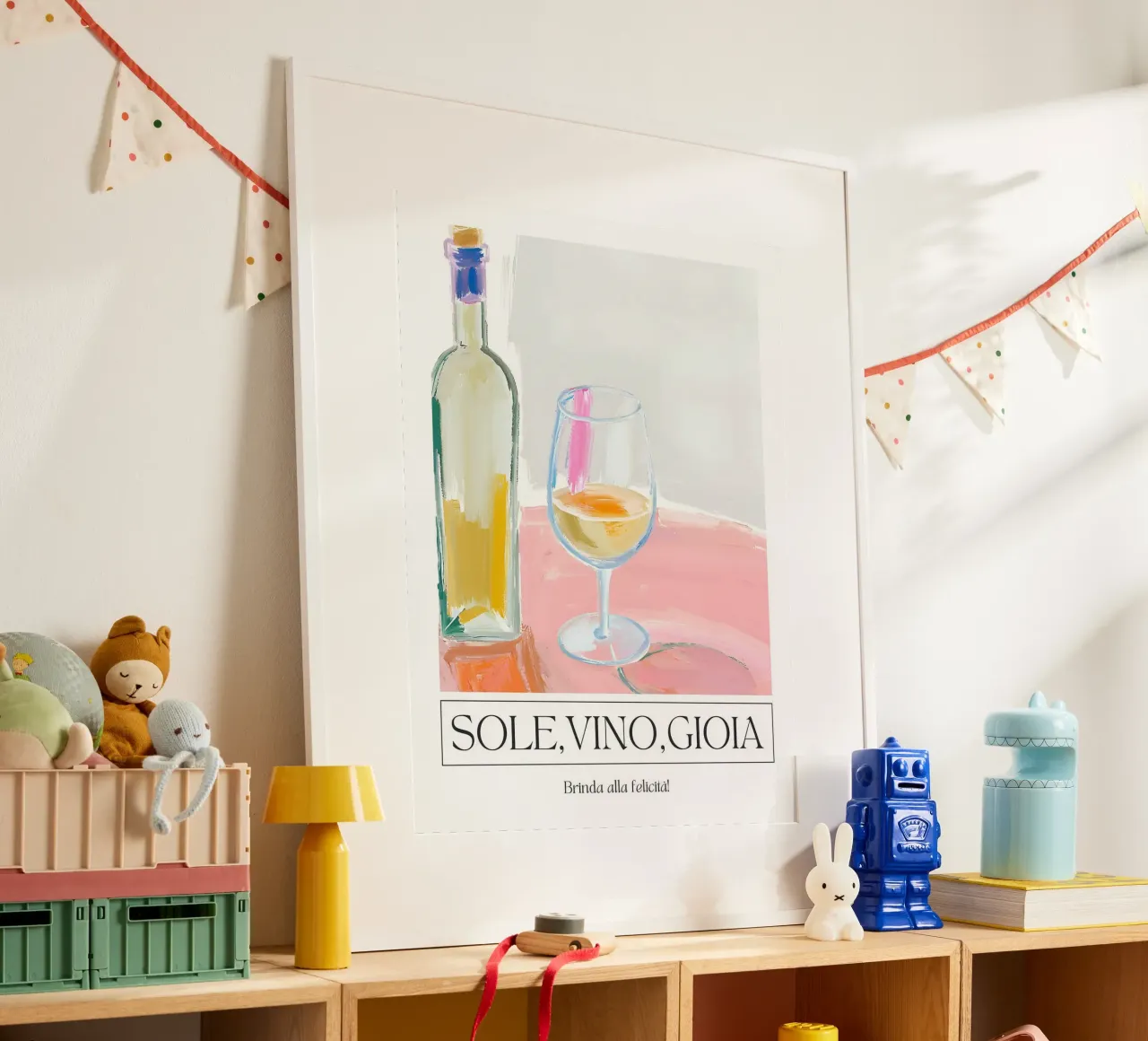 Sole, Vino, Gioia - To happiness! poster con telaio in legno da leslie shop
