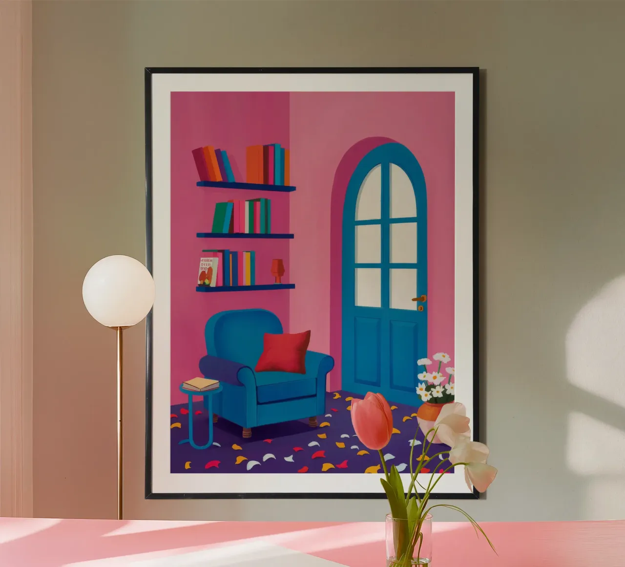 Porta blu Muro rosa poster con telaio in legno da FadeAura