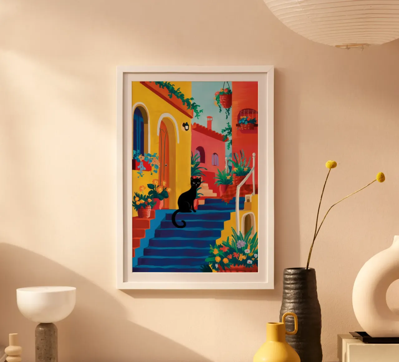 Passi blu Gatto nero poster con telaio in plastica da FadeAura