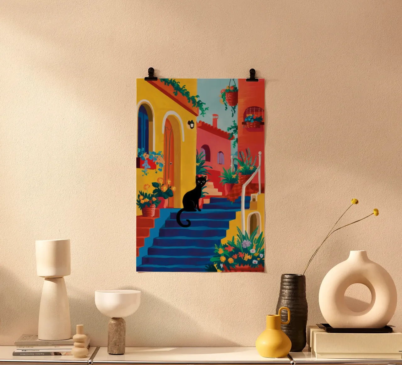Passi blu Gatto nero poster con telaio in plastica da FadeAura