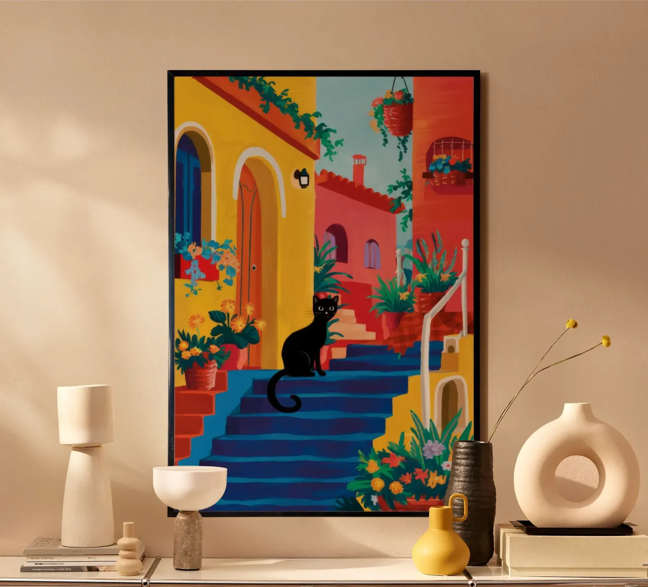 Passi blu Gatto nero poster con telaio in plastica da FadeAura