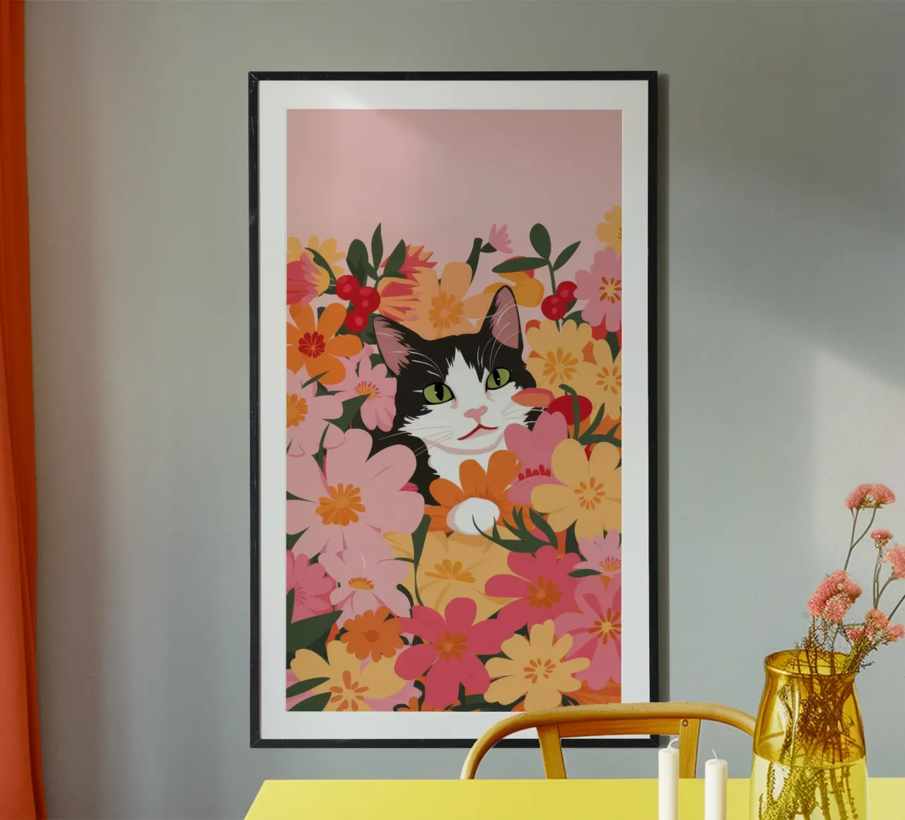 Gatto addormentato sogno floreale poster con telaio in plastica da FadeAura