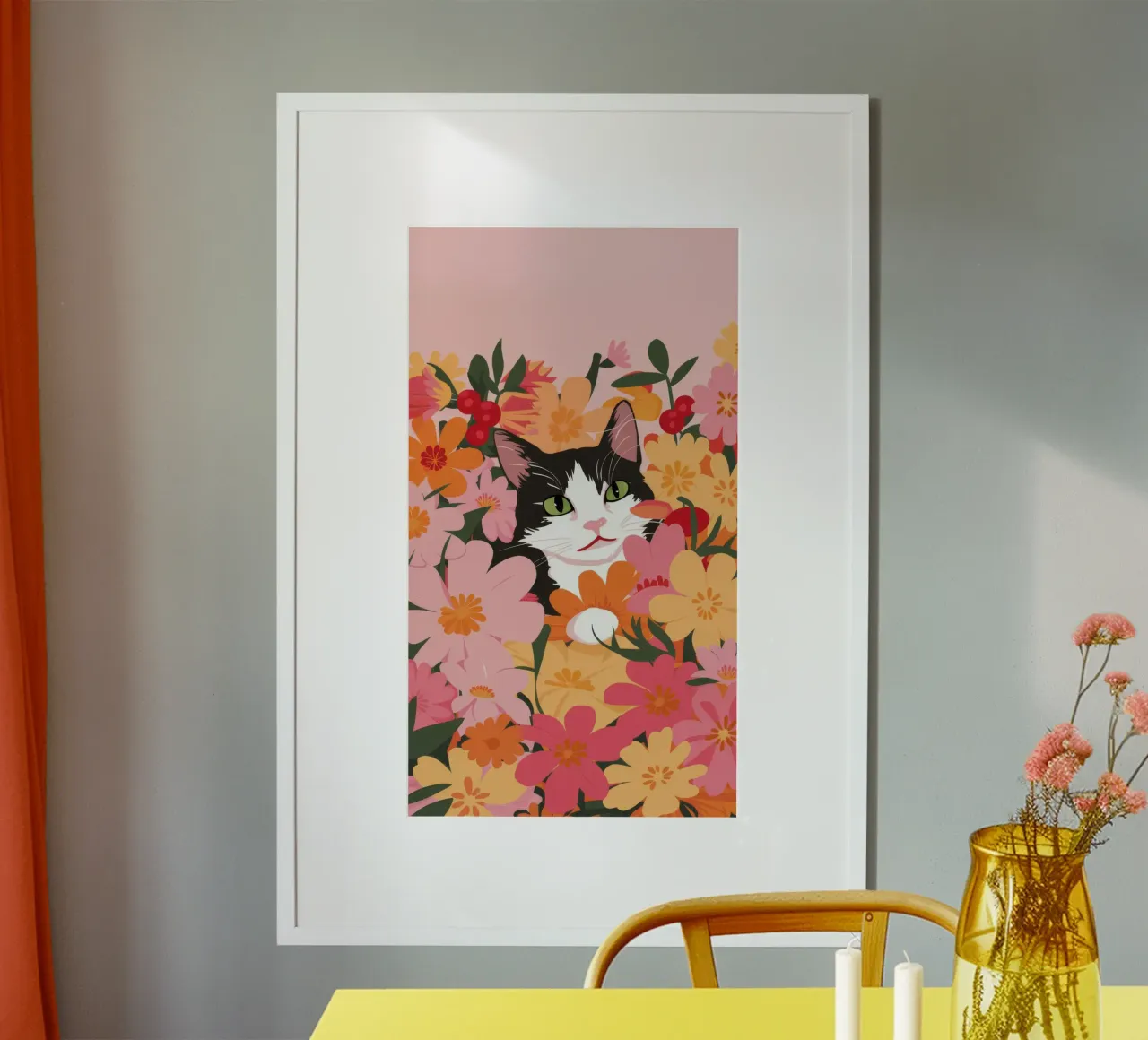 Gatto addormentato sogno floreale poster con telaio in plastica da FadeAura