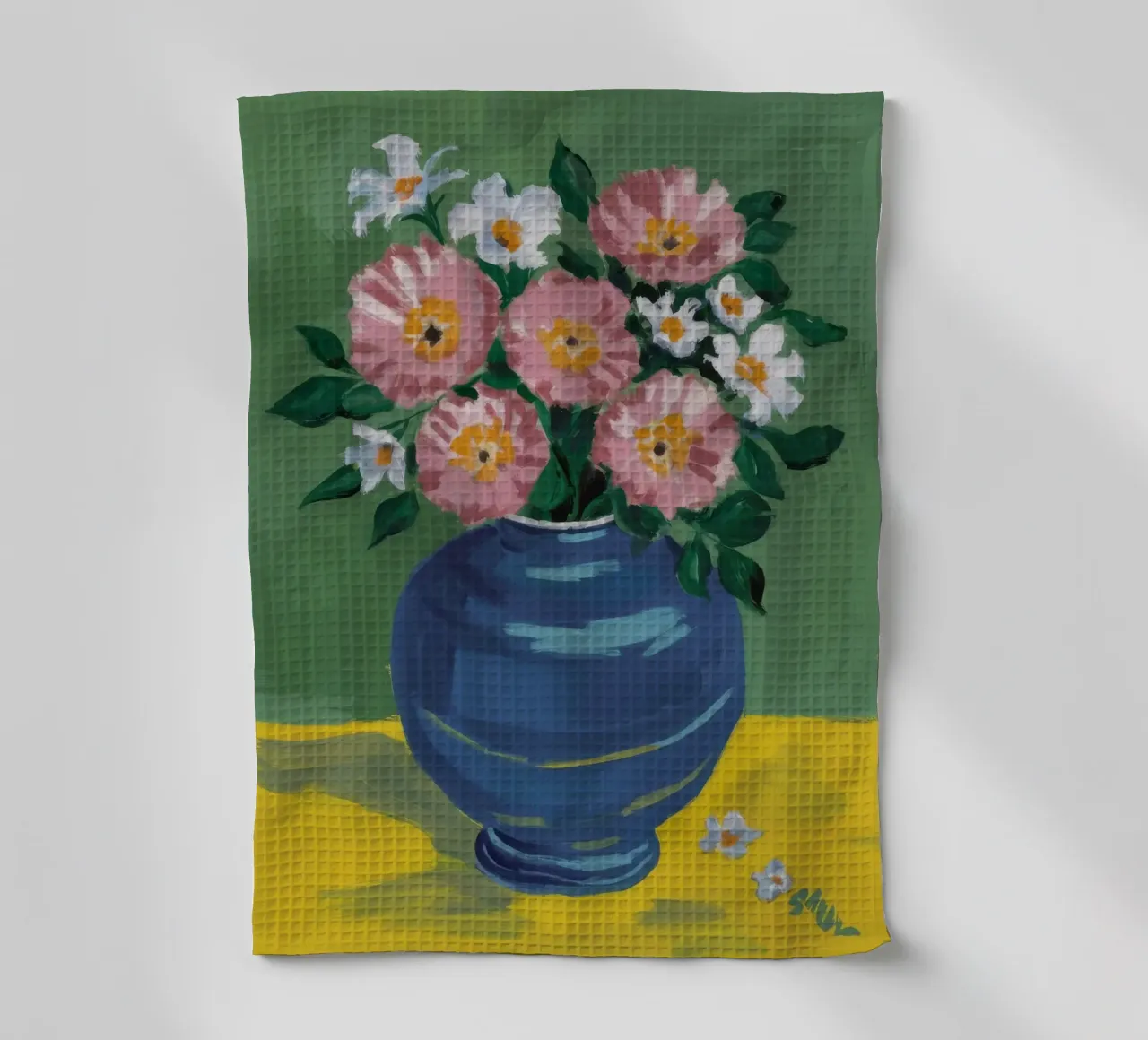 Blue Vase Pink Peonies tea towel by Pan Denim