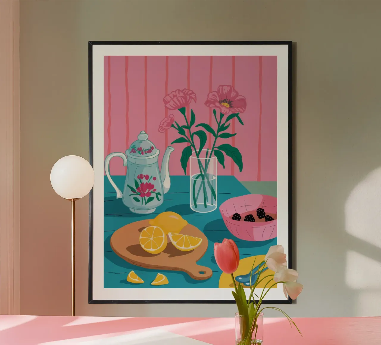 Medley al limone per l'ora del tè poster con telaio in legno da Haven Fantasy