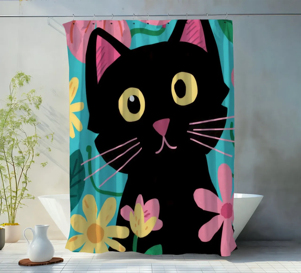 Floral Feline Pop shower curtain by FadeAura