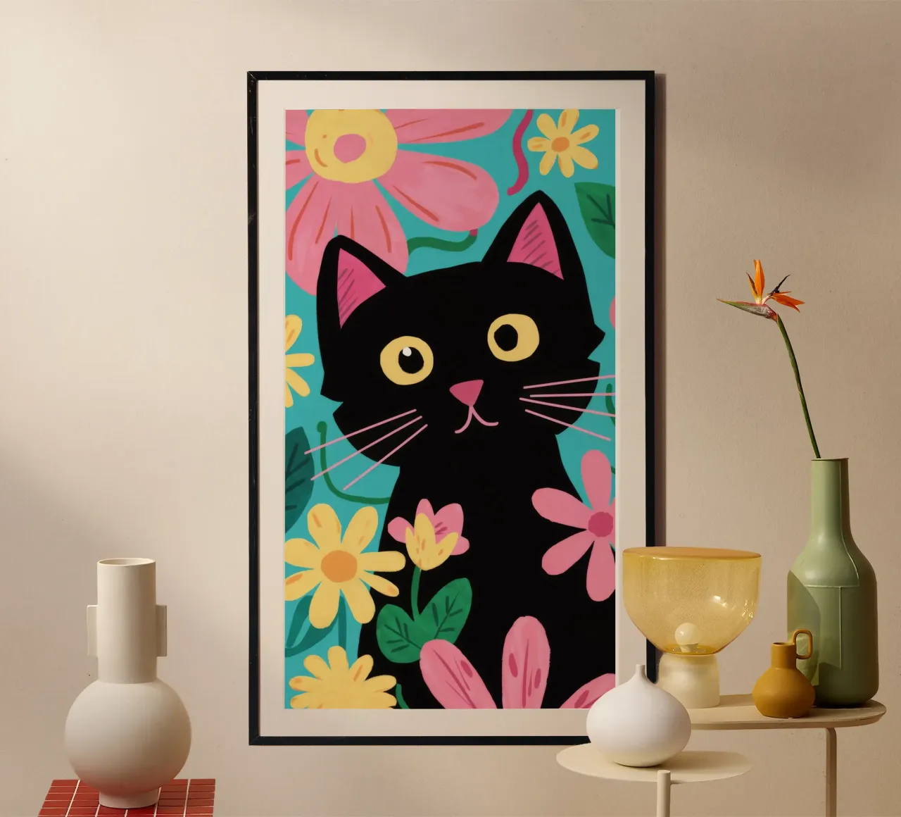 Pop floreale felino poster con telaio in alluminio da FadeAura