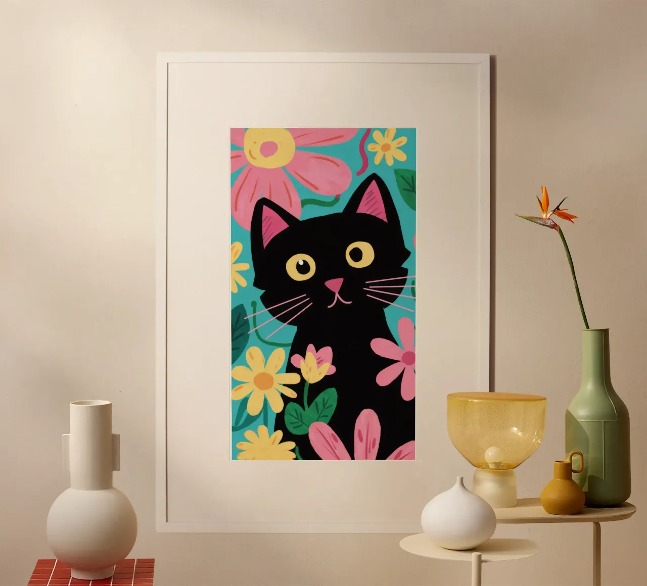 Pop floreale felino poster con telaio in alluminio da FadeAura