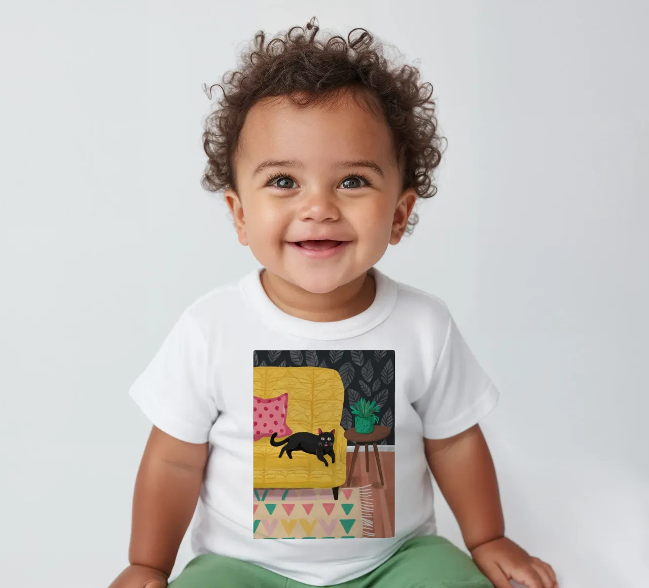 Yellow Sofa Black Cat baby t-shirt by Stone Decade