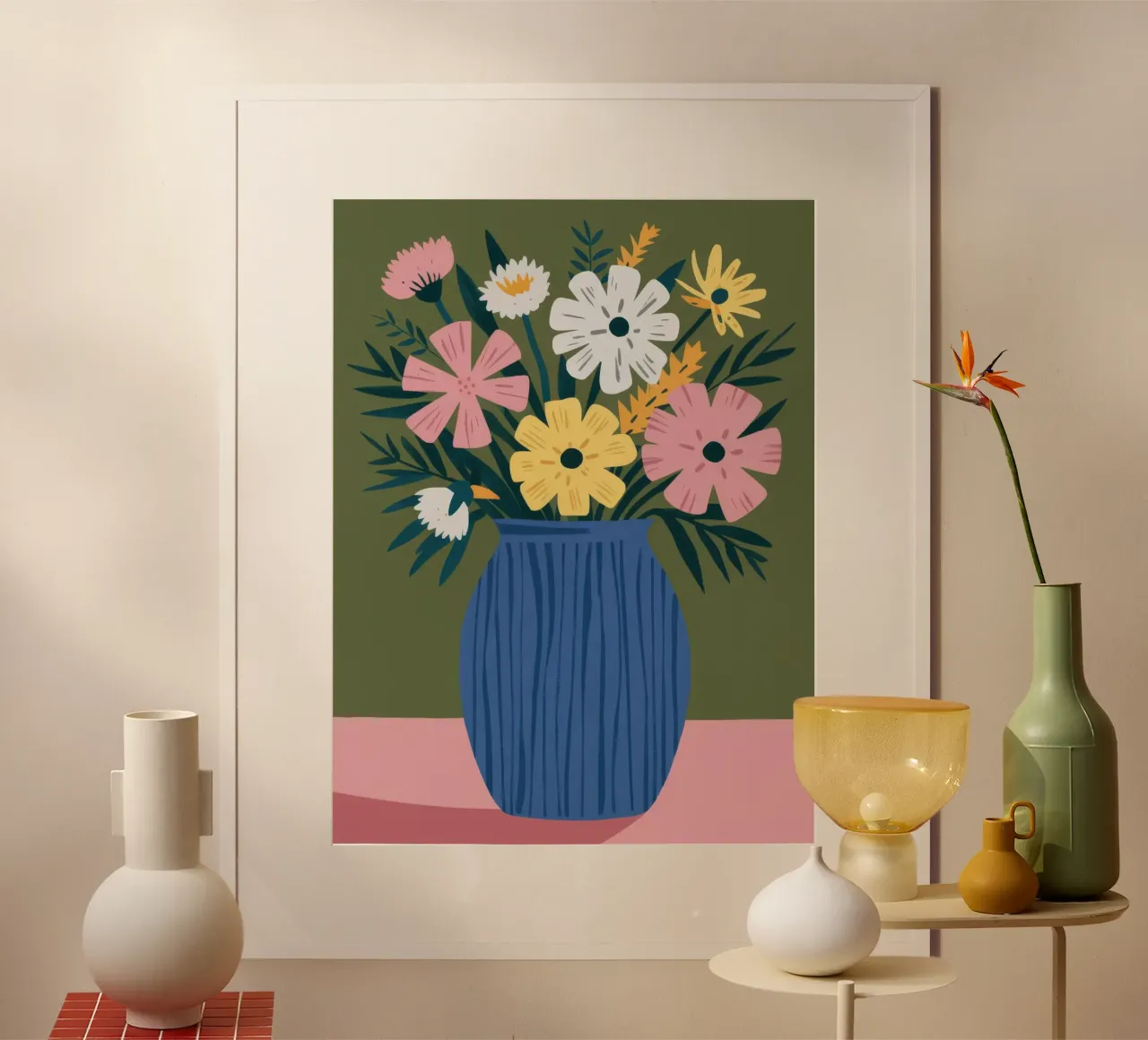 Blaue Vase Gänseblümchen Charme Poster mit Holzrahmen von Haven Fantasy