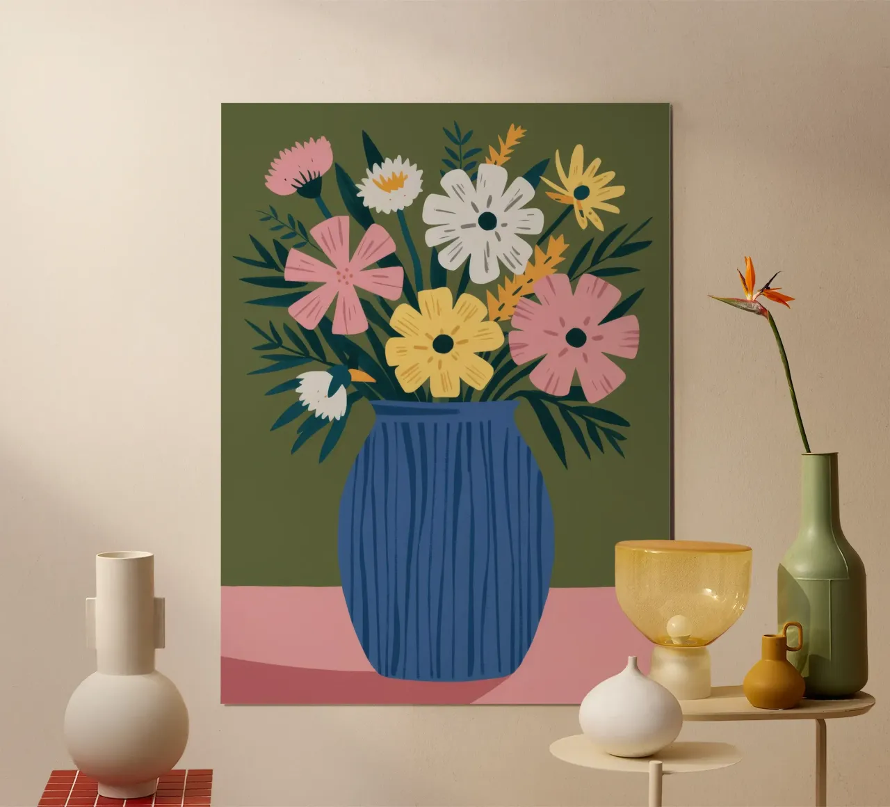 Blaue Vase Gänseblümchen Charme Poster mit Holzrahmen von Haven Fantasy