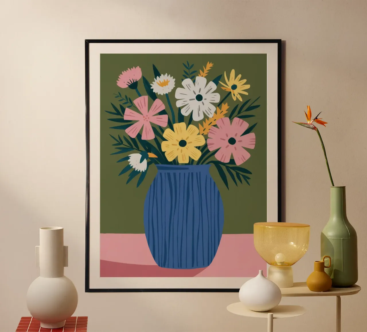 Blaue Vase Gänseblümchen Charme Poster mit Holzrahmen von Haven Fantasy