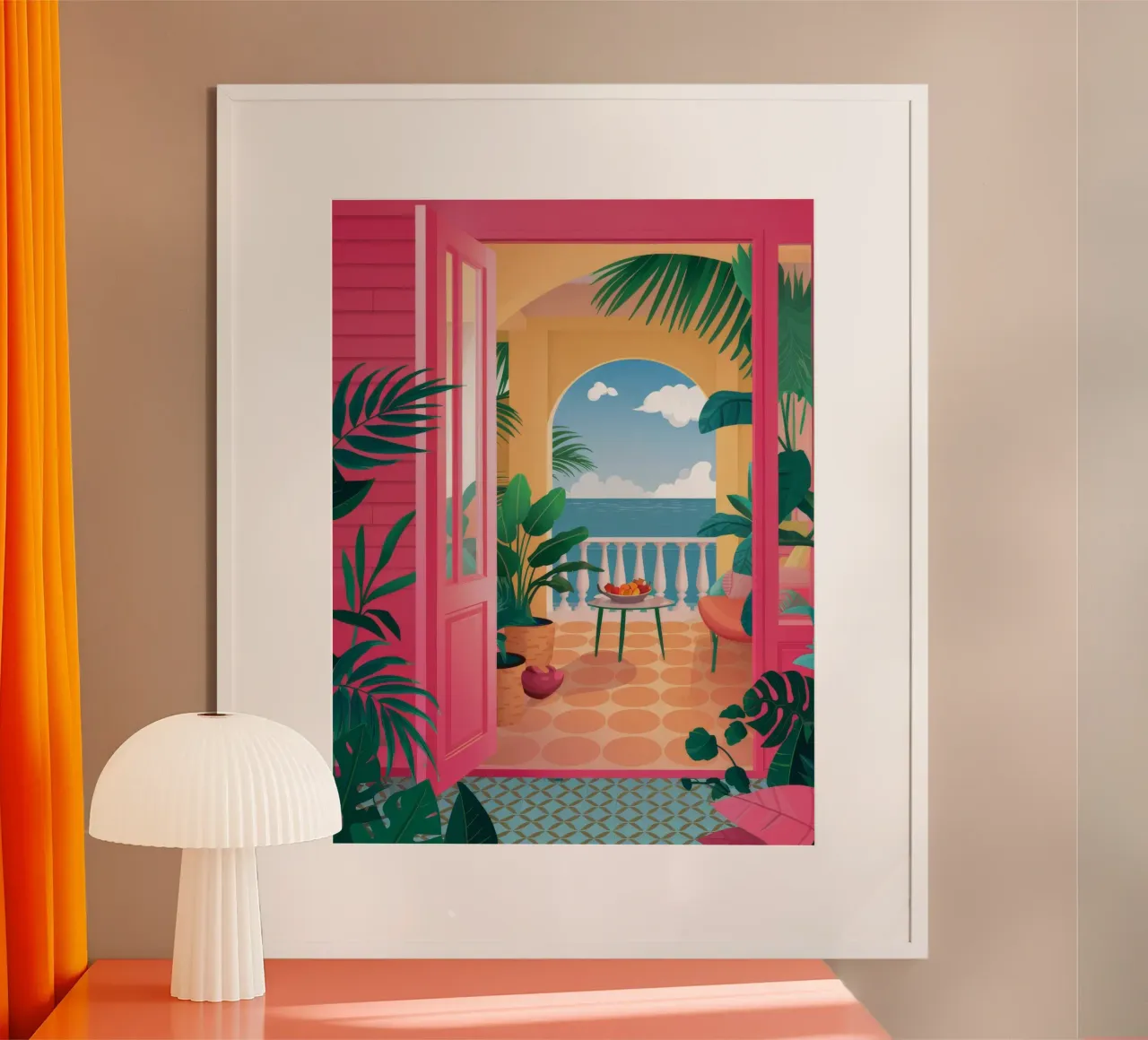 Roze Kamer Zeezicht poster met houten frame van FadeAura