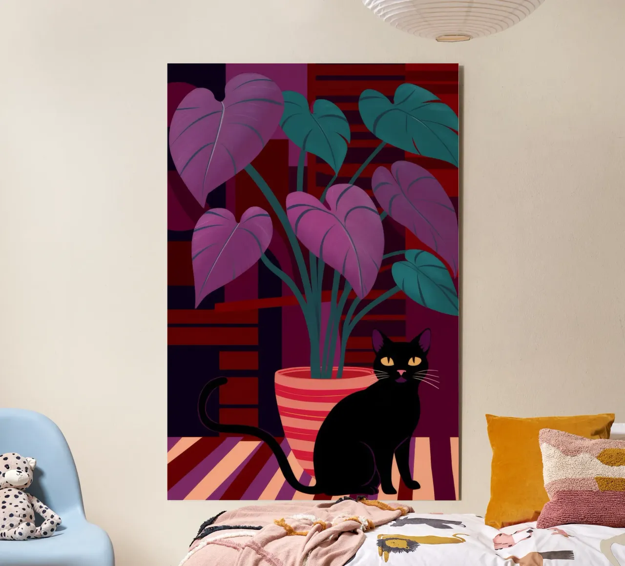 Rosa Wand Schwarze Katze Alu-Dibond von Stone Decade